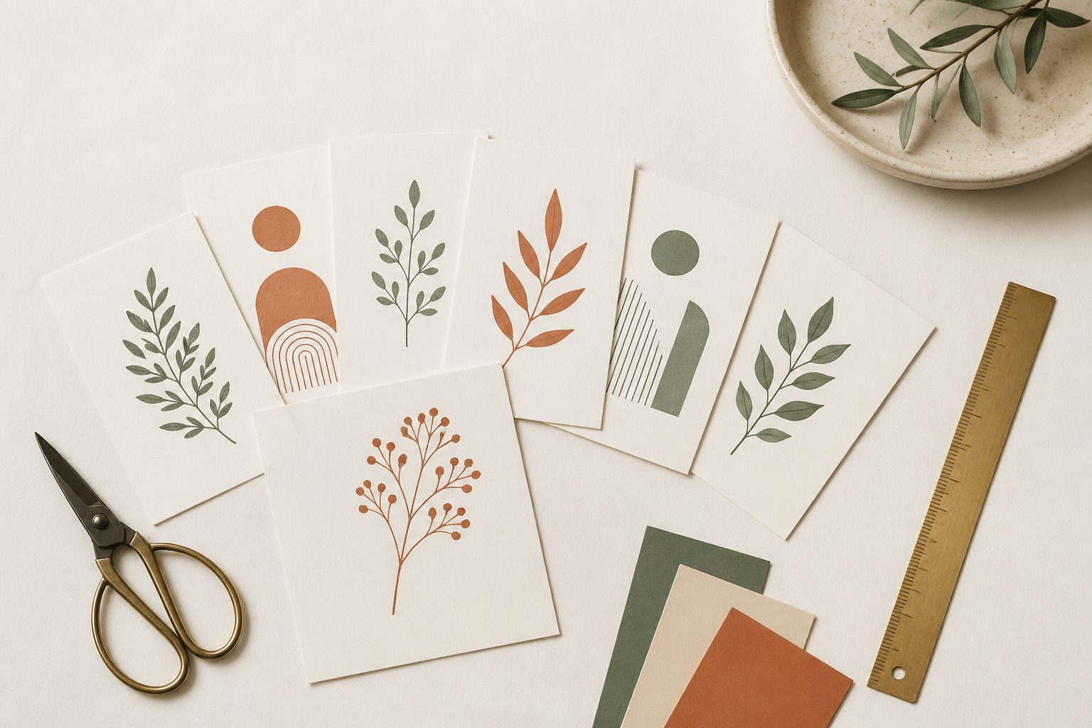 Flat-lay of a botanical clipart bundle: print-ready PNG and JPG files arranged on warm ivory paper next to a fountain pen and brass ruler