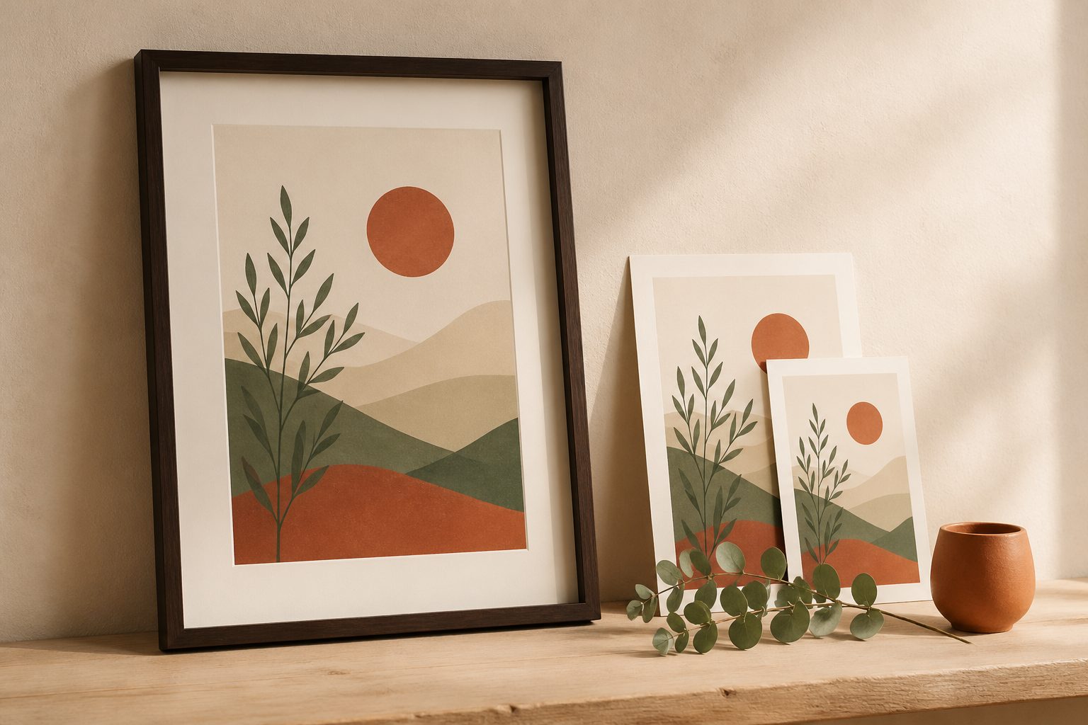 Lifestyle mockup studio: framed prints on a warm wood console with botanical plant, soft afternoon light, editorial Kinfolk aesthetic