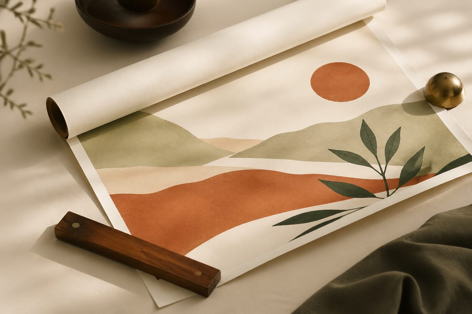 Editorial poster mockup on a warm wall — large format print at 2:3 ratio with surrounding lifestyle props and warm afternoon light