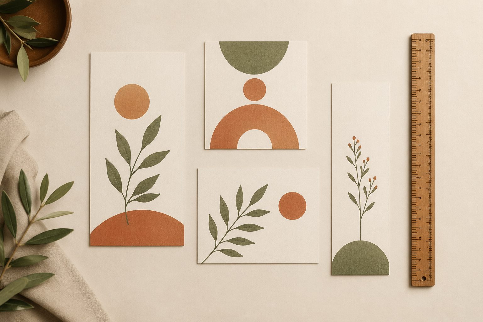 Five framed wall-art prints in different aspect ratios arranged on a warm wall — 2:3, 3:4, 4:5, 11:14 and ISO/A1 — alongside a botanical plant and brass photo frame