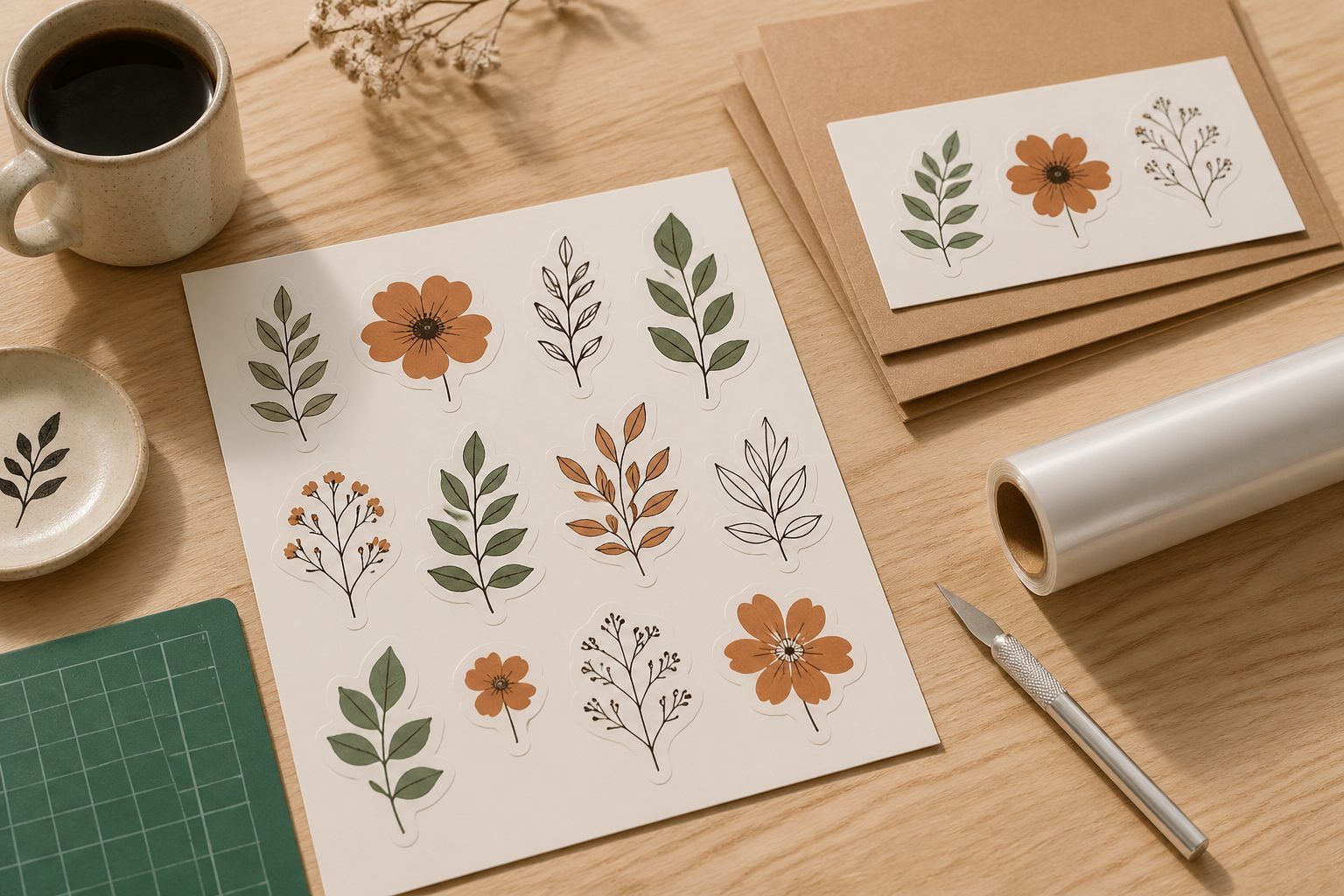 Drop your sticker designs, get back print-ready files at 300 DPI with transparent backgrounds, watermarked listing previews, and styled mockups — bundled into a single ZIP.