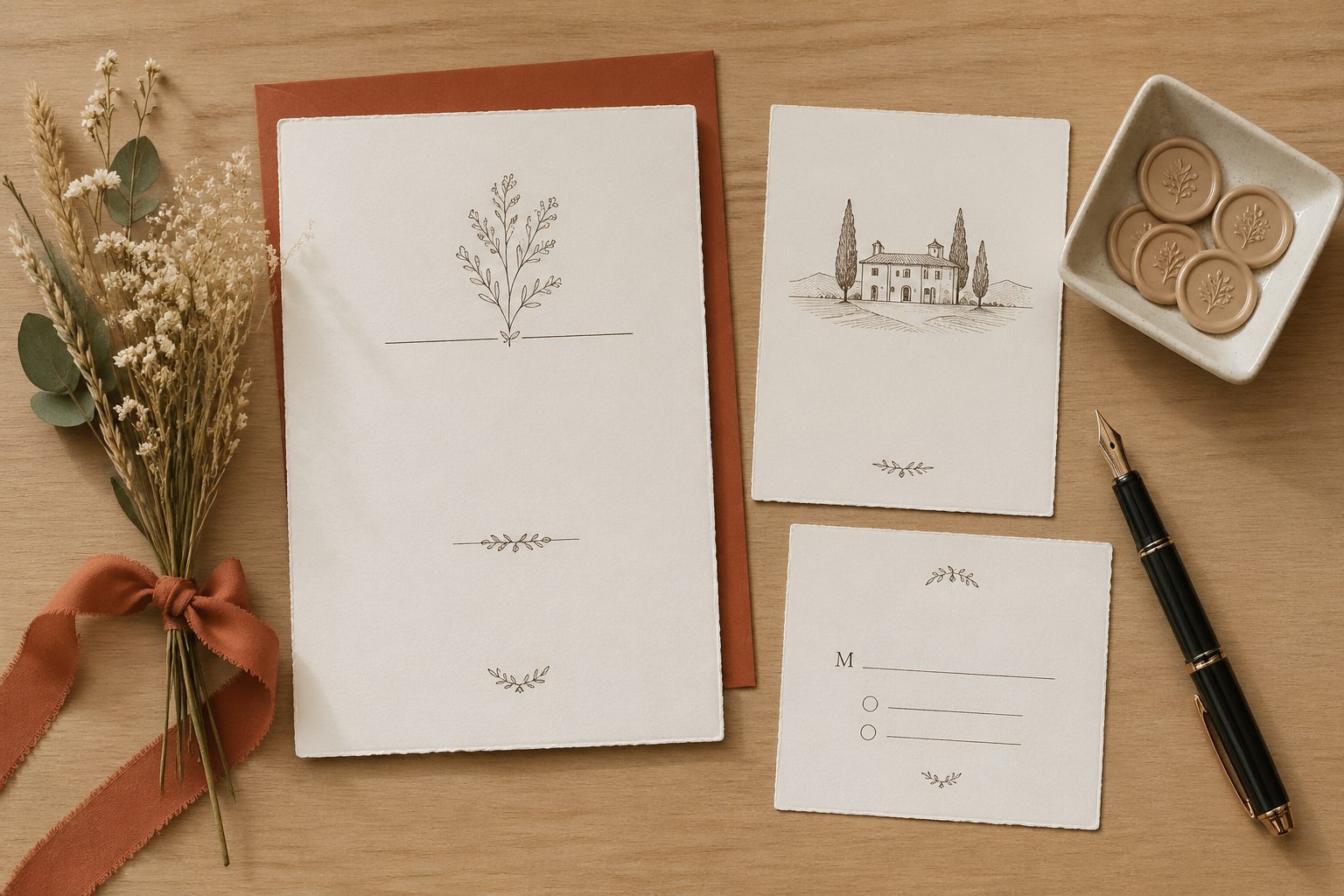 5x7 invitations, save-the-dates, RSVPs, programs, and thank-you cards — bleed, 300 DPI, suite-consistent mockups, all in one upload. Walk away while the suite generates.